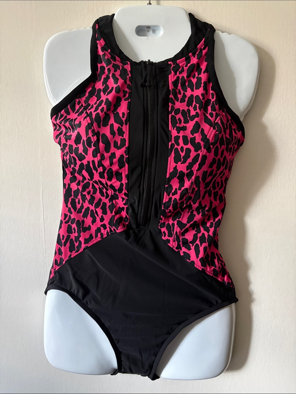 Girls' Pink Leopard Print & Black One-Piece Swimsuit with Front Zip